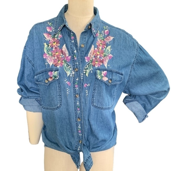 LASHA Button Up Shirt Western Blue Denim Handpainted Collar XL #57C - Picture 3 of 9